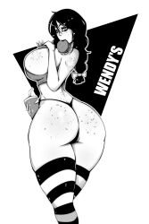 braided_hair burger drink food freckles freckles_on_ass freckles_on_breasts freckles_on_face freckles_on_shoulders fries large_ass large_breasts looking_back mchoi141 monochrome pinup stockings striped_legwear thong topwear wendy's wendy_thomas