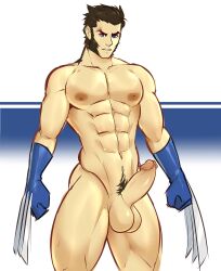 1boy alternate_version_available balls bara black_hair boner claws erection gasaiv gloves male male_only marvel marvel_comics muscles muscular mutton_chops partially_clothed penis solo solo_male wolverine_(x-men) x-men yaoi