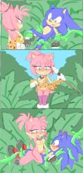 amy_rose blush breasts comic comic_strip edit exposed_breasts exposed_pussy hedgehog jungle necklace small_breasts sonic_(series) sonic_prime sonic_the_hedgehog sonic_the_hedgehog_(series) spear tagme textless thorn_rose undressing_self vines