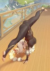 1girls bodysuit braided_hair breasts feet female flexible genshin_impact hair_over_one_eye handstand hi_res large_breasts long_hair niliu_chahui shenhe_(genshin_impact) solo splits stirrup_legwear thick_thighs upside-down upside-down_splits white_hair