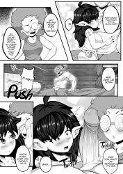 absurd_res big_breasts breasts clothed clothing comic dialogue female genitals goblin goblin_female hi_res human humanoid larger_human male male/female mammal martincorps not_furry penis shirt short_stack size_difference smaller_female swirly_glasses topwear vein veiny_penis