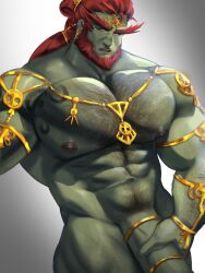 balls bara beard big_penis chest_hair facial_hair flaccid ganondorf gerudo gold_jewelry green_skin hairy holding_penis kaysuo male male_only muscles muscular nude penis red_hair solo solo_male tears_of_the_kingdom the_legend_of_zelda