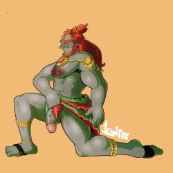 1boy balls bara beard big_penis blush chest_hair clothes_aside facial_hair flaccid ganondorf gay gay_male gerudo gold_jewelry green_skin jellitix male male_only muscles muscular on_one_knee penis red_hair shirtless solo solo_male tears_of_the_kingdom the_legend_of_zelda