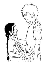 avatar_the_last_airbender black_and_white clothed cum_on_clothes cum_on_face cumshot facial female fondling_balls handjob jet_(avatar) katara netorare smile smiling standing straight sunnie