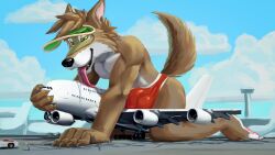 2023 absurd_res aircraft airplane anthro bedroom_eyes blocking bulge canid canine clothed clothing cloud detailed_bulge digital_media_(artwork) hat headgear headwear hi_res licking lidded_eyes male mammal narrowed_eyes open_mouth red_clothing red_underwear seductive sky thb886 tongue tongue_out topless topless_anthro topless_male underwear visor_cap