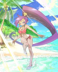 1girls beach bikini breasts clouds earrings high_ponytail hoop_earrings in_water large_breasts looking_at_viewer midriff navel outside palm_tree ponytail pungter purple_eyes purple_hair red_bikini red_swimsuit shantae shantae_(character) side-tie_bikini side-tie_swimsuit sky smooth_skin swimsuit water winking winking_at_viewer