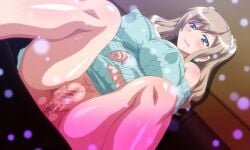 1girls ass blonde_hair breasts bunnywalker censored clothing green_eyes gyaru imouto_bitch_ni_shiboraretai large_breasts long_hair nipples nipples_visible_through_clothing pubic_hair screencap screenshot sweatdrop t-rex_(animation_studio) thick_thighs thighs vagina vaginal_juices