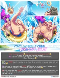 1boy 1girls ass_grab big_ass big_breasts bikini busty cowgirl_position english_text green_eyes hourglass_figure huge_ass huge_breasts impressed kogeikun long_hair muscular_male nipple_bulge purple_hair skimpy_clothes text thick_thighs thong tight_clothing water water_park wendolin wide_hips