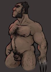 1boy artist_request balls bara black_hair chest_hair claws d-prime248 flaccid hairy male male_only marvel marvel_comics muscles muscular mutton_chops nude penis solo solo_male wolverine_(x-men) x-men xd yaoi