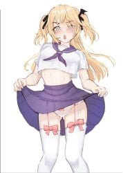 1girls ass_visible_through_thighs belly big_ass black_bow blonde_hair blush blushing_at_viewer crop_top evangellium female fischl_(ein_immernachtstraum)_(genshin_impact) fischl_(genshin_impact) genshin_impact green_eyes heart-shaped_pupils horny hourglass_figure medium_hair panties pink_bow presenting presenting_panties purple_skirt pussy_juice_drip school_uniform schoolgirl skirt skirt_lift slutty_outfit small_breasts socks standing sweat sweatdrop sweating thigh_socks thighhighs thighs thin_waist twintails white_panties white_skin white_socks white_top younger_female