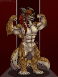 2023 3:4 4_ears 4_horns 5_fingers 5_toes 6_nipples abs abstract_background andromorph anthro artist_name biceps big_feet braided_hair brown_spots charr clitoris cuntboy digital_drawing_(artwork) digital_media_(artwork) digitigrade eye_scar facial_scar fangs feet felid fingers flat_chested flexing flexing_bicep fluffy fluffy_tail full-length_portrait fur genitals green_eyes grin guild_wars hair half-closed_eyes hi_res horn intersex long_hair mammal multi_ear multi_horn multi_nipple muscular muscular_anthro muscular_female narrowed_eyes nastazya_ragewelder navel nipples nude orange_body orange_fur orange_hair pawpads pecs portrait pussy quads raised_arm red_hair retractable_claws scar shaded signature smile solo spots spotted_body spotted_fur tail tan_body tan_fur teeth thick_neck toes zevrant_bapt_(artist)