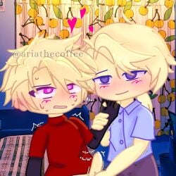 2boys blonde_hair blushing bodily_fluids bulge cum fingerless_gloves gacha gacha_club gay hard_on heart-shaped_pupils holding_onto_partner male male/male male_only masturbation ocs penis standing trembling twitching twitching_penis yaoi