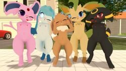 3d_(artwork) absurd_res black_body black_fur blue_body blue_eyes blue_fur blush brown_body brown_fur building car digital_media_(artwork) eevee eeveelution espeon female fur generation_1_pokemon generation_2_pokemon generation_4_pokemon genitals glaceon group hi_res house leaf_ears leafeon leafeonspirit nintendo nipples outside pokemon pokemon_(species) purple_body purple_eyes purple_fur pussy red_eyes semi-anthro tan_body tan_fur umbreon vehicle zoophilia