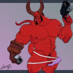 arkano balls bara black_hair boner broken_horn dark_horse demon erection erection_under_clothes facial_hair gun hellboy hellboy_(series) horns jockstrap male male_only muscles muscular penis red_body red_skin solo solo_male tail