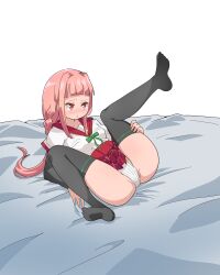 absurd_res absurdres artist_request ashamed blush blush_lines blushing embarrassed high_resolution human human_only magia_record:_mahou_shoujo_madoka_magica_gaiden magical_girl mahou_shoujo_madoka_magica nervous on_bed open_legs pink_hair puella_magi_madoka_magica school_uniform schoolgirl solo_female spread_legs tamaki_iroha thick_thighs thigh_highs visible_pussy white_background white_panties white_skin