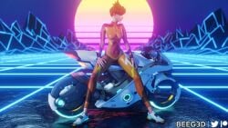 3d beeg3d bike bodysuit brown_hair clothed clothing female female_only footwear human jumpsuit leggings light-skinned_female motorcycle overwatch pale_skin skin_tight skinsuit smile smiling solo solo_female synthwave tracer vehicle