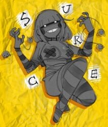 bandage_on_nipples breasts female female_only off_(game) pasties readraws reahmi smiling solo_female sugar_(off) yellow_background