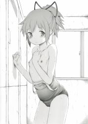 absurdres blush breasts cameltoe closed_mouth commentary dressing_room flat_chest hair_between_eyes hair_ornament hair_ribbon hand_on_own_chest highres itano_chiharu locker locker_room looking_at_viewer madoka_kaname mahou_shoujo_madoka_magica nipples ponytail ribbon school_swimsuit swimsuit thighs undressing