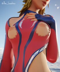 1girls 3d areolae beach blender blonde_hair bottomwear breast_focus breasts breasts_out close-up clothed clothing epic_games female female_focus female_only fortnite front_view lewdrex light-skinned_female light_skin looking_to_the_side medium_breasts medley_(fortnite) nipples no_bra outdoors outside pose posing presenting ripped_clothing solo solo_female solo_focus standing topwear watermark