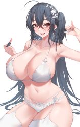 1girls absurd_res ahoge azur_lane black_hair breasts female hair_ornament hips holding_object huge_breasts kuavera light-skinned_female light_skin lingerie long_hair naughty_face pinup red_eyes side_ponytail simple_background smile taihou_(azur_lane) taihou_(temptation_on_the_sea_breeze)_(azur_lane) thick_thighs thighs wedding_lingerie white_lingerie wide_hips