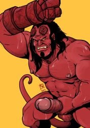 balls bara big_penis biting_lip black_hair boner broken_horn dark_horse demon erection facial_hair hellboy hellboy_(series) horns karhumies male male_only masturbation muscles muscular nude penis red_body red_skin solo solo_male sweaty tail