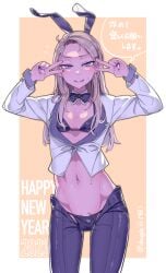 1boy 2023 animal_ears bikini blonde_hair blush border bow bowtie brown_background bulge bunny_ears crossdressing deiii detached_collar double_v ear_piercing earrings eyelashes fake_animal_ears feet_out_of_frame femboy hair_ornament hands_up happy_new_year highres jewelry looking_at_viewer male_focus male_playboy_bunny meme_attire navel open_mouth original otoko_no_ko pants parted_bangs penis piercing purple_bikini purple_bow purple_bowtie purple_eyes purple_nails purple_pants rabbit_ears reverse_bunnysuit reverse_outfit shiny_skin shirt solo speech_bubble standing stud_earrings sweatdrop swimsuit translation_request twitter_username v white_border white_shirt x_hair_ornament