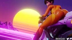 3d ass ass_focus beeg3d bike blizzard_entertainment bodysuit brown_hair clothed clothing female female_only footwear human jumpsuit leggings lena_oxton light-skinned_female motorcycle overwatch overwatch_2 pale_skin skin_tight skinsuit smile smiling solo synthwave tracer vehicle