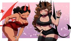 2girls background belly_button big_breasts black_clothing black_hair black_lips black_nails blush breasts brown_hair cross_earrings demon_girl demon_horns demon_tail demon_wings earrings female female_only hand_on_hip long_hair looking_at_viewer pink_nails red_dress red_eyes red_lips shanice_(shawncookie) shawncookie short_hair spiked_bracelet tatiana_(shawncookie) thighs