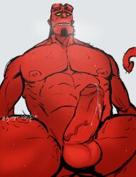 balls bara big_penis black_hair boner broken_horn dark_horse demon erection facial_hair gingerisaspice hellboy hellboy_(series) horns male male_only muscles muscular musk nude penis precum red_body red_skin solo solo_male spread_legs sweaty tail