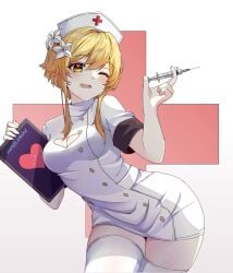 1girls blonde_hair breasts cleavage_cutout dress genshin_impact hair_flower heart_cutout holding_syringe holding_tablet_pc looking_at_viewer lumine_(genshin_impact) medium_breasts needle nurse nurse_cap nurse_uniform pencil_dress rea_loixacra short_hair_with_long_locks syringe tablet_pc thighhighs white_dress winking winking_at_viewer yellow_eyes