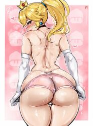 1girls almualim ass back backboob big_ass blonde blonde_female blonde_hair blue_eyes booty_shorts breasts bubble_ass bubble_butt crown dat_ass earrings female female_only hi_res hips huge_ass huge_breasts light-skinned_female light_skin long_hair looking_at_viewer looking_back mario_(series) nintendo pale-skinned_female pale_skin ponytail princess_peach round_ass royalty short_shorts shorts shorts_down showing_off_ass simple_background solo standing sweat sweaty_body thick_ass thick_thighs thigh_gap thighs topless undressing voluptuous white_border wide_hips