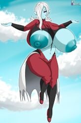 1girls big_areola big_nipples blue-skinned_female blue_skin dragon_ball dragon_ball_xenoverse dragon_ball_z female_focus female_only flying high_heels huge_breasts solo towa ultiblackfire villainess white_hair