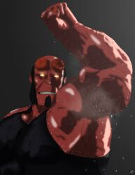 arm_up armpit bara black_hair broken_horn dark_horse demon facial_hair hellboy hellboy_(series) horns injustice_2 male male_only muscles muscular musk red_body red_skin sedblob solo solo_male sweat sweat_stain sweating sweating_profusely sweaty tail tank_top