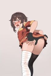 ass black_gloves black_panties blush brown_hair dress female fingerless_gloves from_behind gloves highres kono_subarashii_sekai_ni_shukufuku_wo! megumin microdress non-web_source off-shoulder_dress off_shoulder panties red_dress surprised underwear