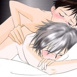 2boys anal black_hair blush chibigou closed_eyes completely_nude gay grey_hair implied_sex kaworu_nagisa male/male male_only neon_genesis_evangelion nude shinji_ikari straight_hair sweat torso_grab yaoi