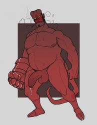 balls bara big_penis black_hair blush boner broken_horn dark_horse demon erection facial_hair hellboy hellboy_(series) horns male male_only mindart muscles muscular nude penis red_body red_skin solo solo_male sweat tail