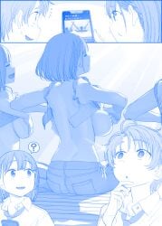 3girls ai-chan's_sister_(tawawa) ai-chan_(tawawa) ass backboob blue_theme bra breasts denim female female_only getsuyoubi_no_tawawa highres himura_kiseki jeans large_breasts multiple_girls necktie pants pout short_hair sideboob underwear volley-bu-chan_(tawawa)