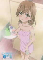 10s 1girls 2014 :o absurd_res after_bath bare_legs bare_shoulders blush breasts brown_eyes brown_hair brunette cleavage collarbone feet_out_of_frame female gekota hi_res indoors looking_at_viewer matching_hair/eyes misaka_mikoto official_art open_mouth pink_towel shampoo short_hair shower shower_stall small_breasts solo standing steam teenage_girl teenager to_aru_kagaku_no_railgun to_aru_majutsu_no_index towel towel_only wet young