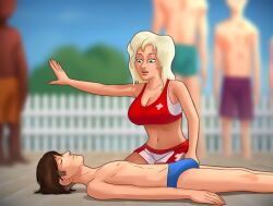 1boy 1girls 2d background_character background_characters big_breasts bikini_shorts bikini_top blonde_hair blue_speedo bottomwear breasts brown_hair cassie_(summertime_saga) cleavage closed_eyes darkcookie digital_media_(artwork) duo female green_eyes laying laying_on_back lifeguard light-skinned_female light-skinned_male light_skin long_hair looking_at_partner looking_down main_character_(summertime_saga) male male/female male_nipples navel on_back on_floor poolside red_bikini_top red_sports_bikini shirtless_male short_hair shorts speedo sports_bikini summertime_saga swimming_trunks swimsuit topless topless_male topwear towel unconscious