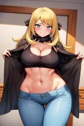 ai_generated blonde_hair blue_eyes blue_jeans cleavage coat crop_top curvy cynthia_(pokemon) facing_viewer female fur_collar grin hair_ornament jeans long_hair looking_at_viewer navel pokemon portrait seraphim_ai solo stable_diffusion