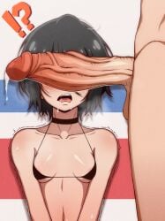 !? 1boy 1girls alternate_version_available big_penis bikini bikini_top black_bikini black_hair bleach blush cant_see_the_haters choker cock_hungry completely_nude drooling eyes_covered faceless_male female female_focus highres imminent_blowjob imminent_oral imminent_sex kuchiki_rukia large_penis male male/female micro_bikini naked naoillus nervous penis penis_awe penis_covering_eyes penis_over_eyes petite petite_body presenting presenting_penis saliva saliva_trail scared skimpy skimpy_bikini small_bikini small_breasts swimsuit trembling underwear