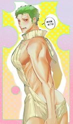 big_pecs chinese_text clenched_teeth crossdressing earrings green_hair k_zaooo looking_at_viewer looking_back male male_only muscular muscular_male one_piece pecs pre-timeskip roronoa_zoro sidepec speech_bubble sweater sweater_dress virgin_killer_sweater