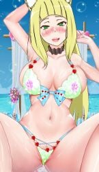 1girls artist_request big_breasts bikini bikini_bottom bikini_top blonde_hair clitoris collar dungeon_ni_deai_wo_motomeru_no_wa_machigatteiru_darou_ka haruhime large_breasts long_hair spread_legs tagme