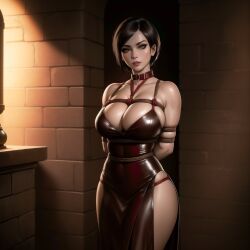 ada_wong ai_generated biohazard bondage brown_hair brunette busty capcom collar digital_drawing_(artwork) dominmatrix panty_straps red_collar red_dress resident_evil rope_bondage short_hair tagme tied_up