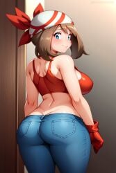 ai_generated ass_cleavage ass_focus big_ass blue_eyes blue_jeans brown_hair busty butt_crack crop_top female indoors jeans looking_back may_(pokemon) one_glove pokemon seraphim_ai solo stable_diffusion standing white_bandana