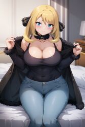 ai_generated big_breasts blonde_hair blue_eyes blue_jeans busty cleavage cynthia_(pokemon) female fur_collar hair_ornament indoors jeans light_smile long_hair navel pokemon pokemon_champion seraphim_ai sitting solo stable_diffusion taking_clothes_off tight_clothing