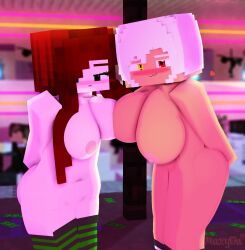 2girls 3d breasts erect_nipples female green_eyes horny_female human humanoid looking_at_viewer max_welsh_(maxyda) maxyda mine-imator minecraft multicolored_eyes nude_female red_hair shika_(uzuna) stockings strip_club stripper_pole tagme white_hair