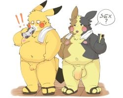 2023 anthro balls big_penis blush cellphone clothing dragon_night800 drinking duo exclamation_point flaccid footwear generation_1_pokemon genitals hi_res kemono male male/male moobs morpeko navel nintendo nipples overweight overweight_male penis penis_size_difference phone pikachu pokemon pokemon_(species) sandals small_penis smartphone text towel towel_around_neck towel_on_shoulder yellow_body