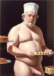 1boy ai_generated big_penis bigguboin chef_hat chubby clothes gray_hair hairy_body male_only old_man solo_male sweaty