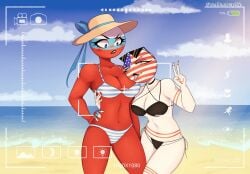 2girls beach bikini blush clothing countryhumans countryhumans_girl female female_on_top female_only malinaismylife red_body red_skin russia_(countryhumans) united_states_of_america_(countryhumans) white_body white_skin